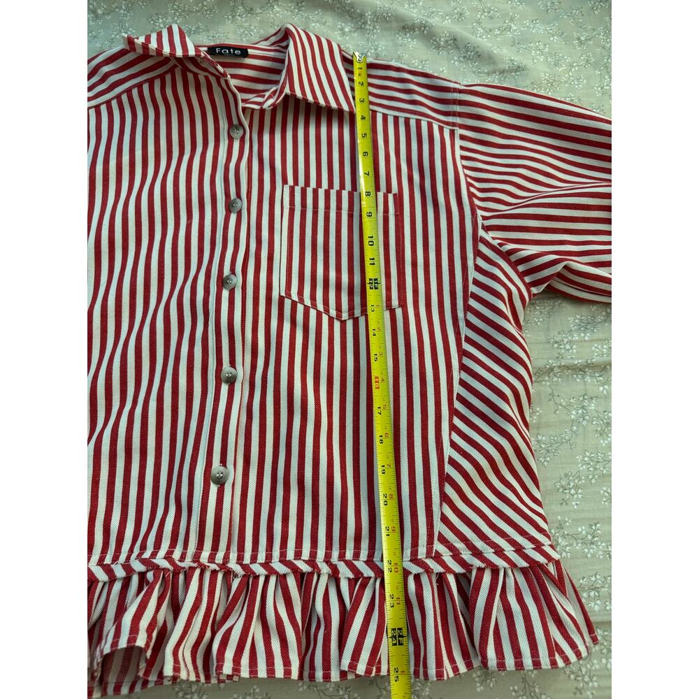 Fate Red White Striped Ruffle Hem Button Down Blouse Size Small Elbow Sleeve - Picture 5 of 9
